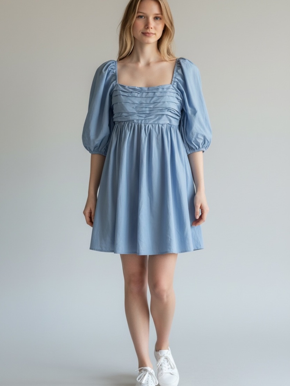 Abercrombie & Fitch Light Blue Square-Neck Puff Sleeve Mini Dress with pockets